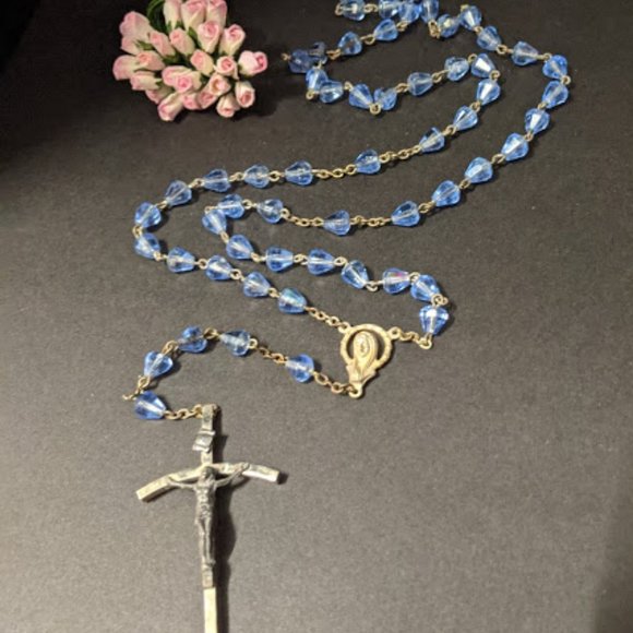 Vintage Big Blue Faceted Crystal Rosary - Picture 1 of 8